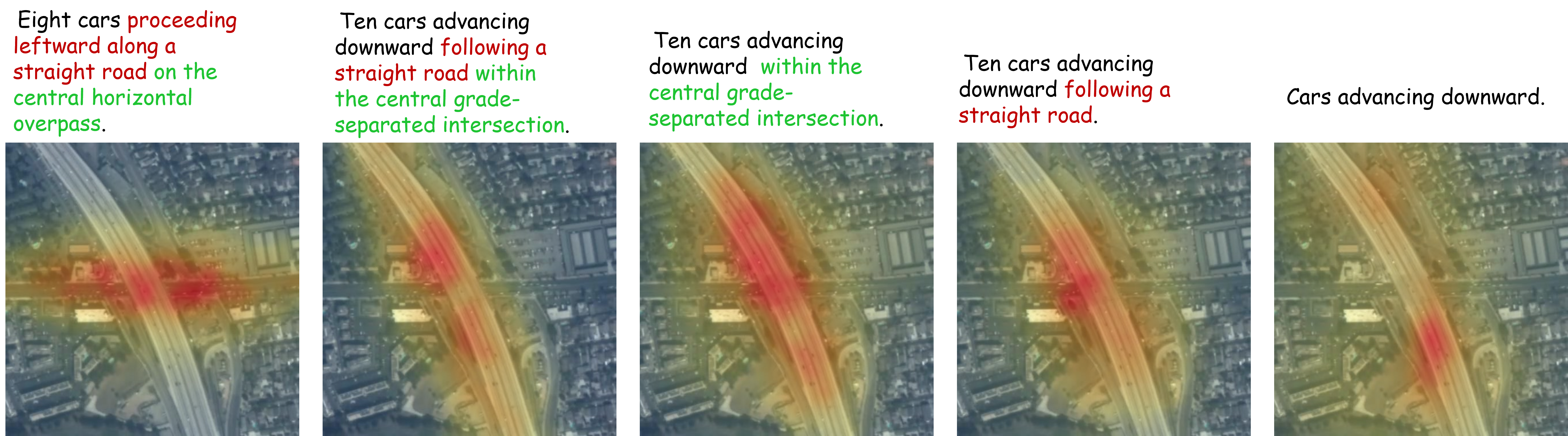 DRTrack responses to the same satellite image under different attribute-rich referring expressions